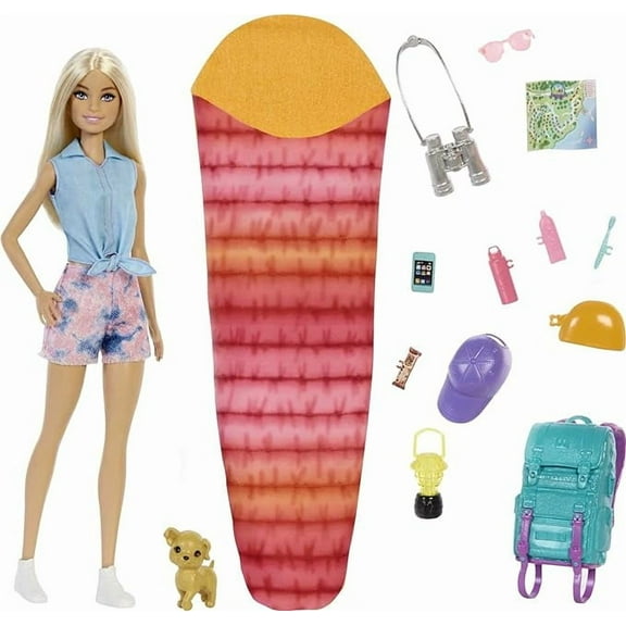 Barbie Doll & Accessories, It Takes Two Malibu Camping Playset with Doll, Pet Puppy & 10  Accessories Including Sleeping Bag