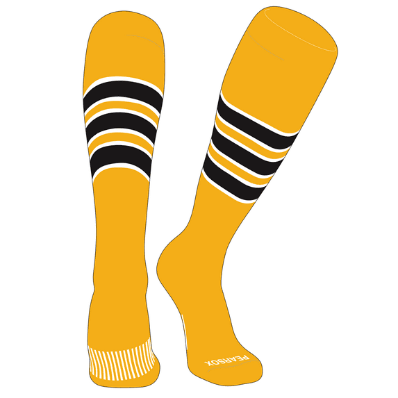 PEAR SOX Striped OTC Baseball, Softball, Football Socks (C) Gold, White, Black (M)