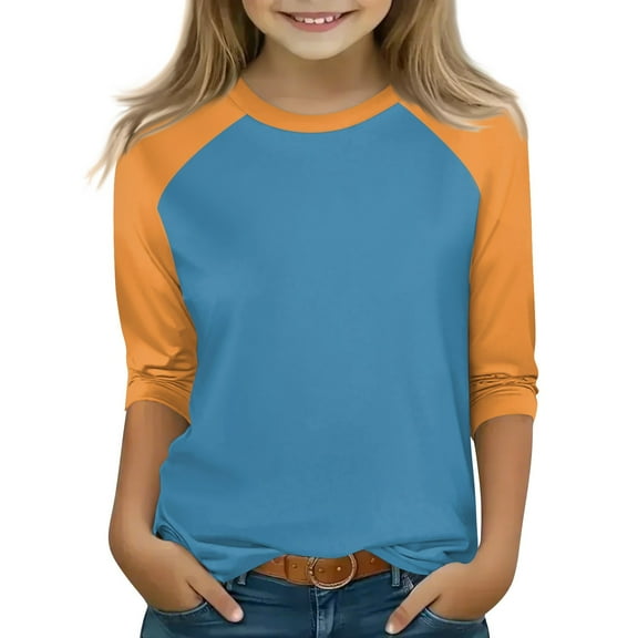 Xyxonk Girls 3/4 Sleeve Shirts Color Block Printed Girls Tops Size 10-12 Summer Cute Shirt Trendy Kids Crewneck Knit Tshirts Tween Girls Clothes Girls Clothes 12 Orange 130