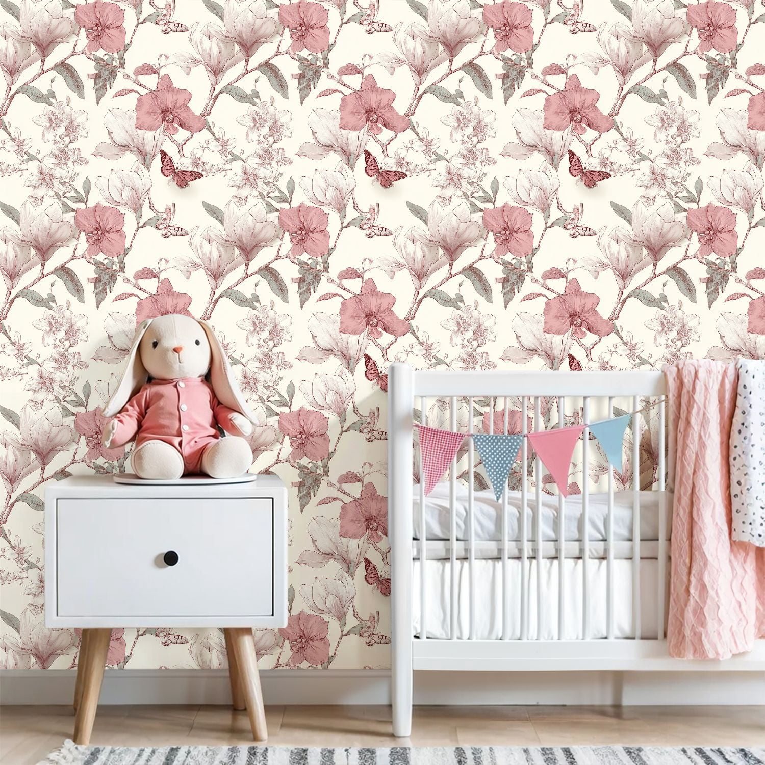 Peel and Stick Wallpaper Floral Magnolia Butterflies boho Pink Botanical Wall Mural 23.6in x 9.8ft Self Adhesive Removable Wall Paper Renter Friendly Wallpaper for Girls Women Bedroom Livingroom