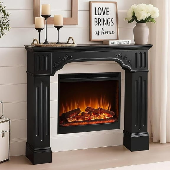 HOMEDIARY Modern Black Freestanding Fireplace Mantel Surround – Waterproof, Anti-Tipping Premium MDF Mantel with Leg for Living Room Décor