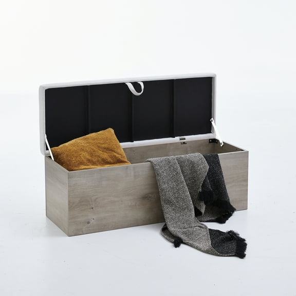 Shelton Upholstered Flip Top Storage Bench / Wood Base / Rustic / Modern Farmhouse / Neutral / Scandinavian / Textured Ivory Canvas Chenille and Classic Oak Wood Light Rustic Oak