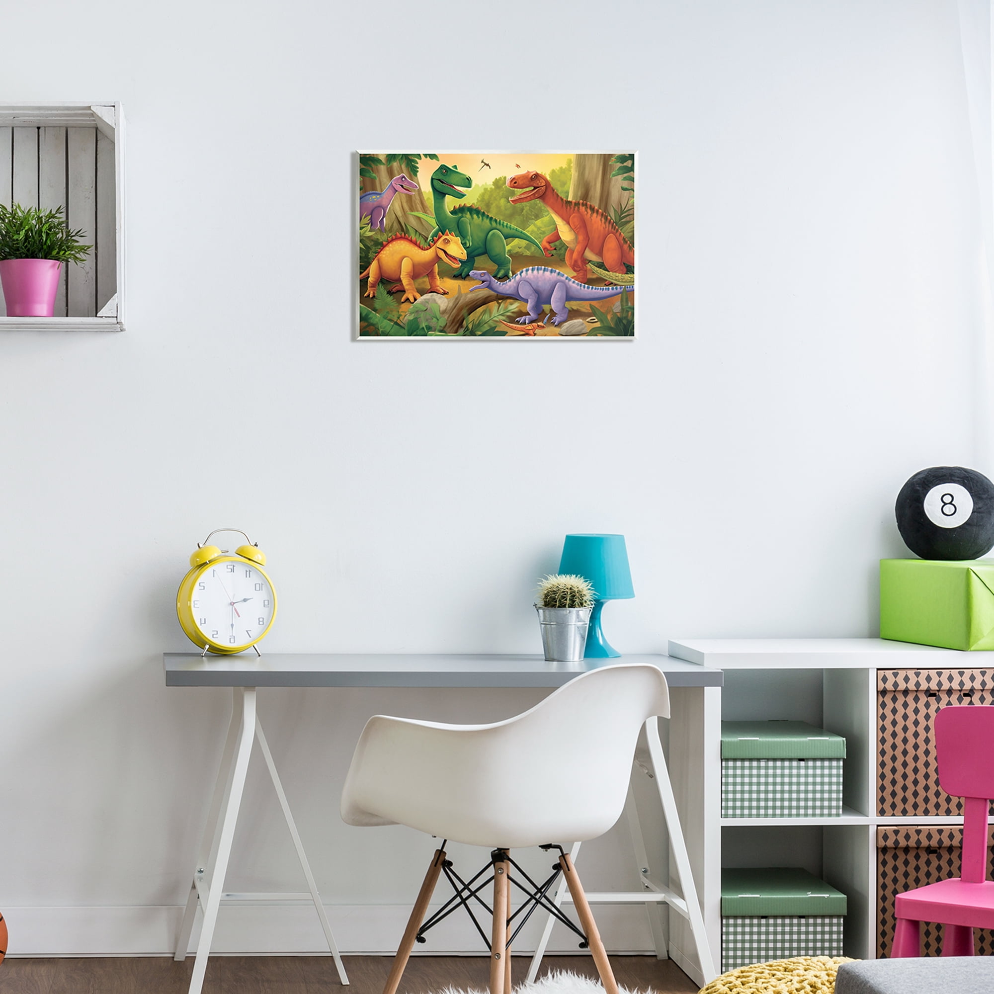 Stupell Industries Dinosaurs in Jungle Scene Animals & Insects Painting Unframed Art Print Wall Art, 19 x 13