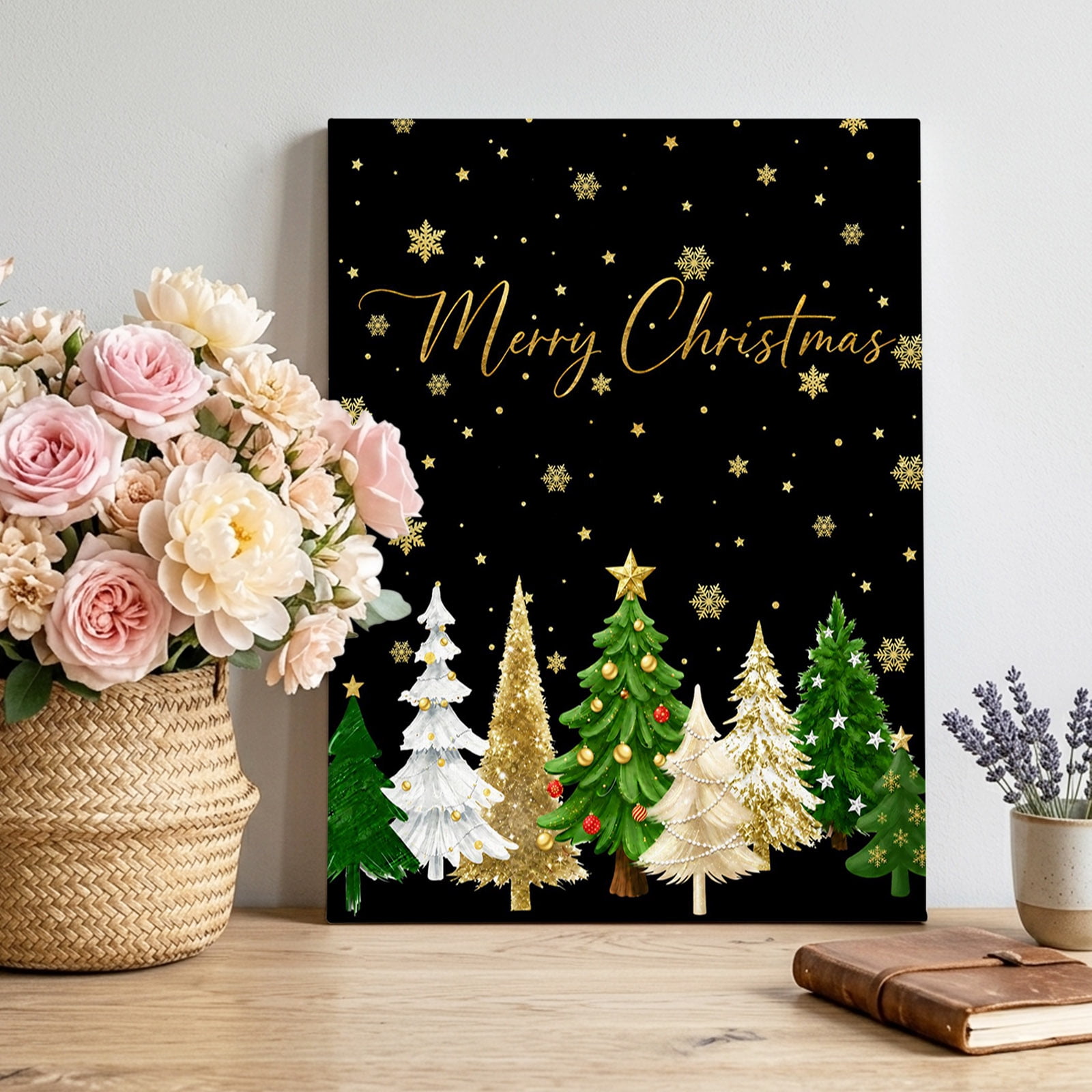 Merry Christmas Canvas Wall Art Winter Black Night Green Gold Xmas Pine Tree Snow Pictures Wall Decor Wooden Framed Artwork Art Prints for Living Room Hallway Bedroom Office 16 x20