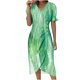thumbnail image 2 of Puntoco Vestido De Manga Corta Con Cuello En V, Vestido De Botones De Manga Corta Con Cuello En V Y Dobladillo Irregular Con Estampado De Verano Para Mujer Verde S, 2 of 6