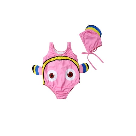

Toddler Kids Boys Girls Goldfish Swimsuit Casual Swimming Romper with Swimming Hat Beach Bathing Suits for 1-6 Years