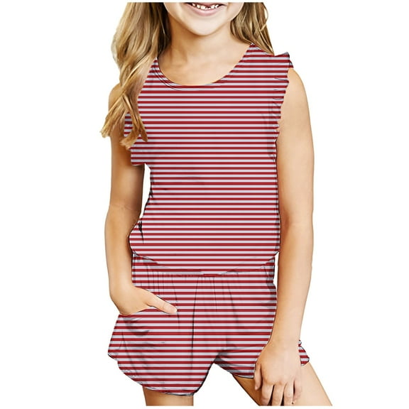 FRSASU Kids short sets ,Girls' Sleeveless Tops Round Neck Collar Printed Short Pants Sets Wine 13-14 Years