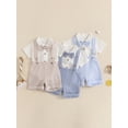 thumbnail image 3 of Loicainy Infant Baby Boy Gentleman Outfit 3 6 9 12 18 Month Solid Color Short Sleeve Lapel Neck Romper with Stripe Suspender Shorts and Bowtie, 3 of 9