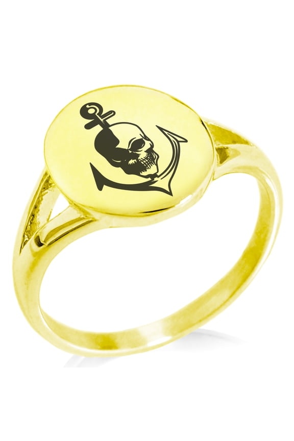 Stainless Steel Nautical Anchor & Skull Minimalist Oval Top Polished Statement Signet Ring