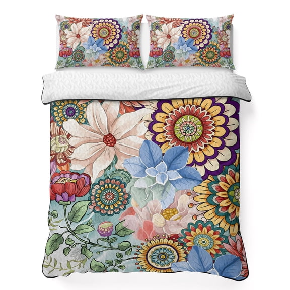 King Quilt Set 96''x106'', Boho Floral Lightweight Bedspread Coverlet Set with 2 Pillow Shams, Bohemia Colorful Mandalas Botanical Flower Breathable All Season Quilt Bedding for Bedroom/Guest Room