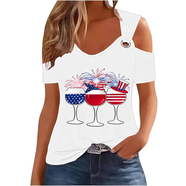 Tops de Hombro Frío para las Mujeres Día de la Independencia Impreso Fuera Del Hombro Blusa con Cuello en V, Fuera Del Hombro de las Mujeres
