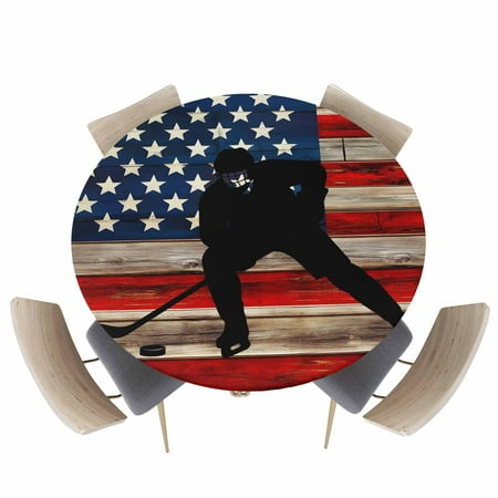 Round Fitted Tablecloth Retro American Flag on Red Brown Stripes Circle Table Cover Waterproof Table Cloth with Elastic Edge Hockey Sport Player Outdoor Tablecloths for Kitchen Picnic 45-54in