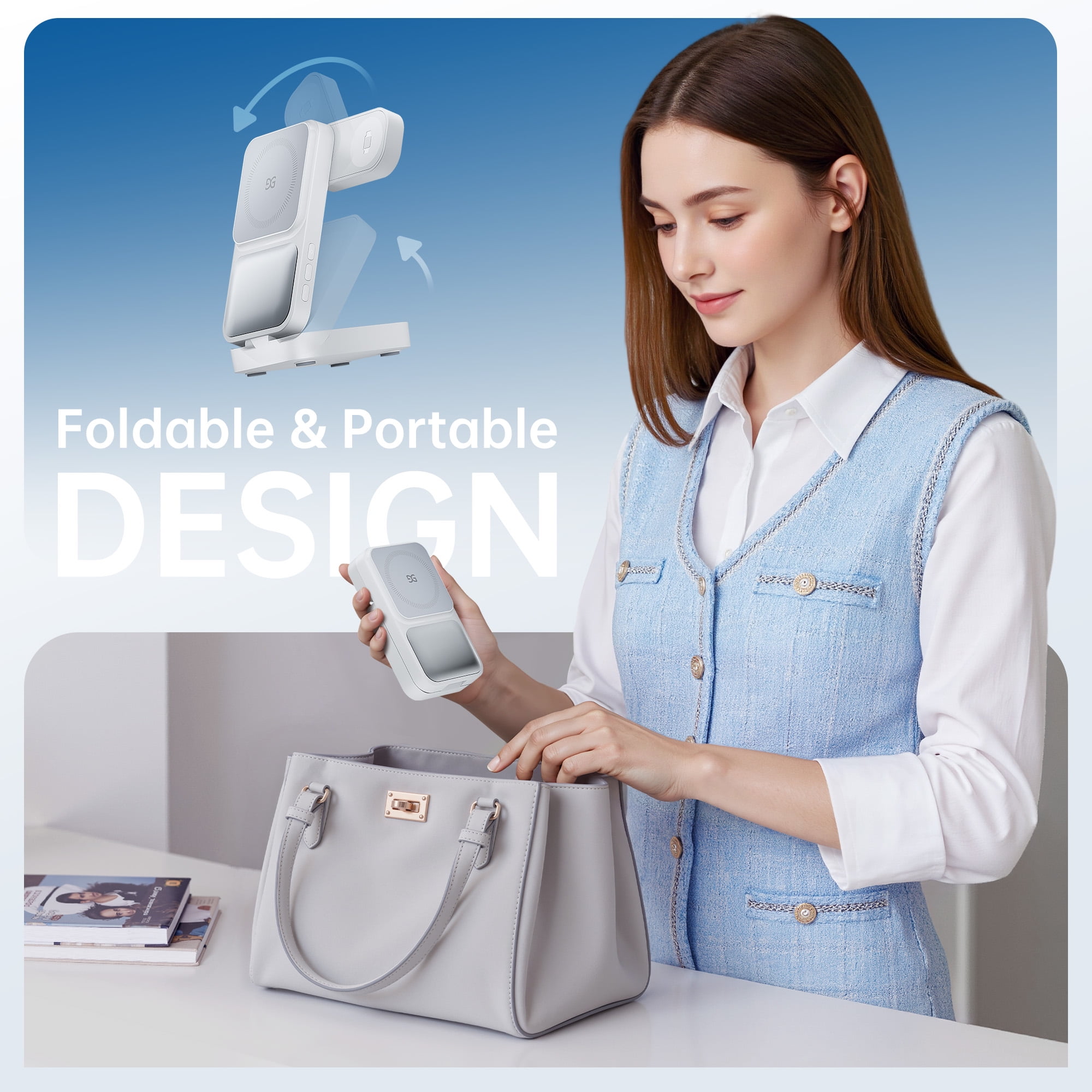 GUSGU MagTime 4-in-1 Charging Station, Foldable Wireless Charger Stand with Time Display for iPhone/Android, White