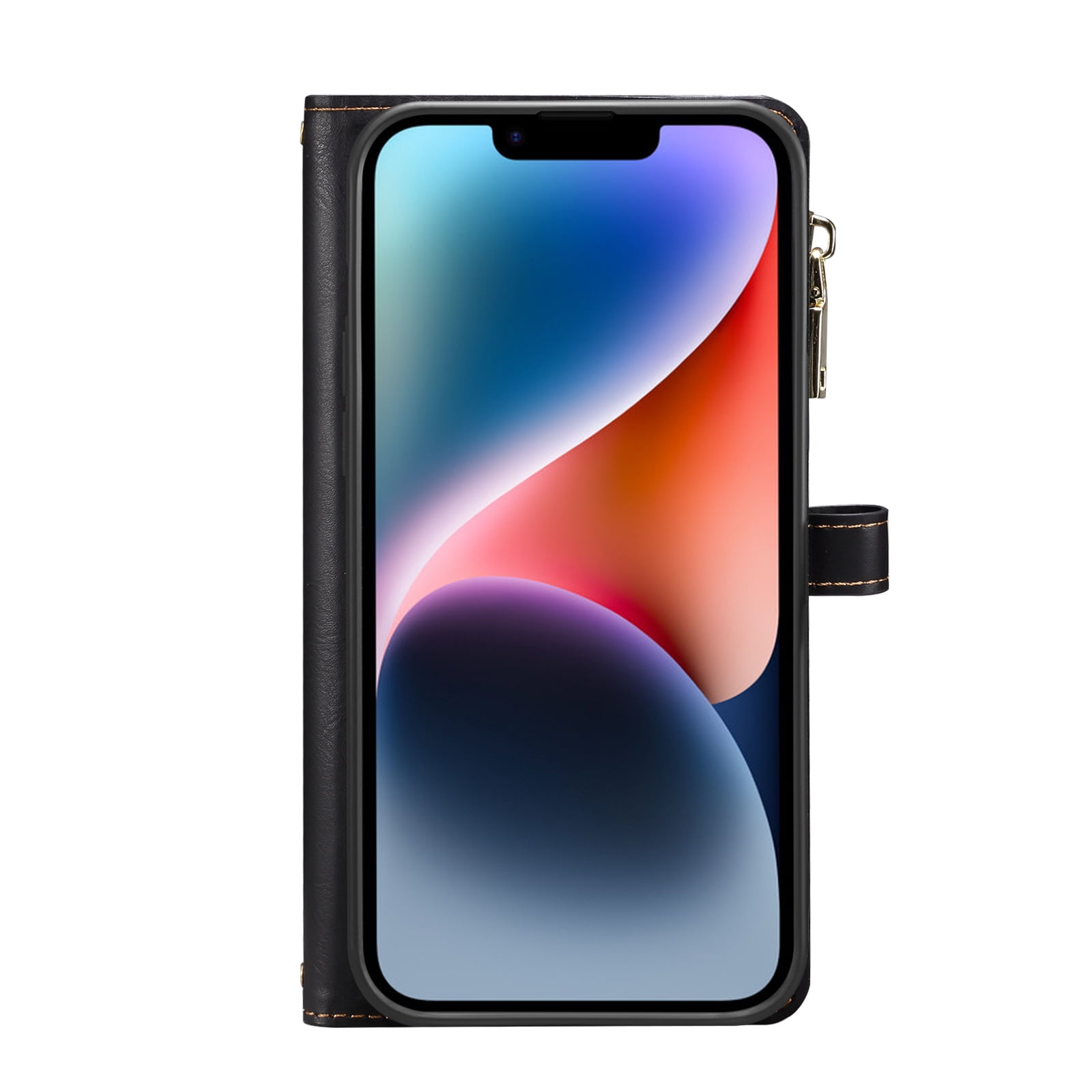 Dteck Wallet Case for iPhone 13 6.1 Inch, Leaf Pattern Luxury PU Leather RFID Blocking Card Slots Holder Zipper Pocket Flip Case with Kickstand Magnetic Crossbody Strap Phone Cover,Black