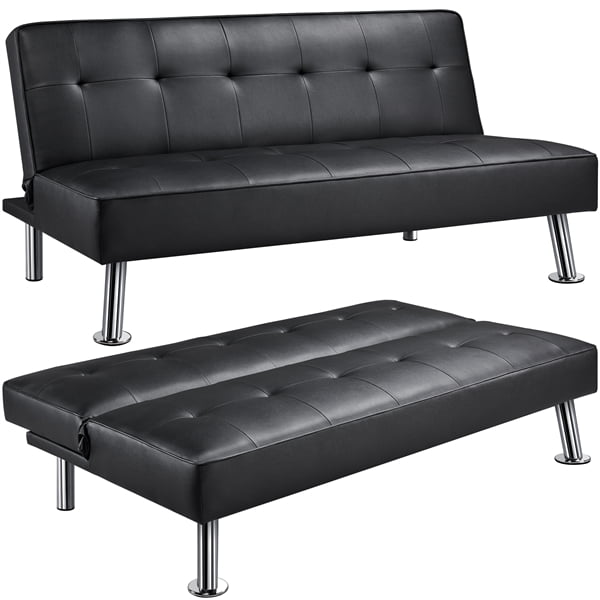 Yaheetech Adjustable Convertible Futon, Black Leather Tufted Sofa Bed