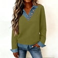 thumbnail image 6 of Women's Long Sleeve Shirts With Denim Collar Cuffs Buttons Decor V-Neck Tops Army Green L, 6 of 6