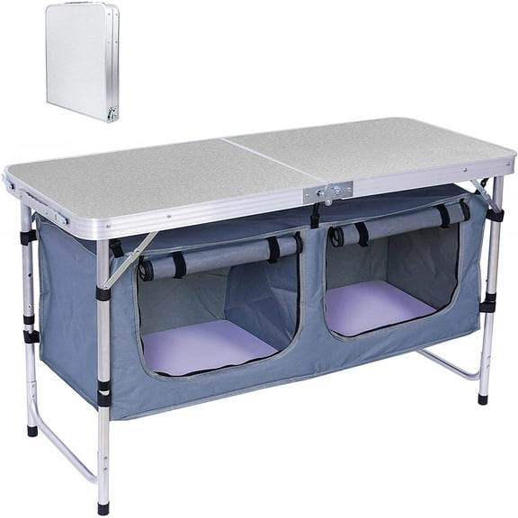 Nice C Folding Table Adjustable Height, Portable Camping Table with Storage, Carry Handle for Outdoor, Beach, Picnic, Festival, Indoor, Office