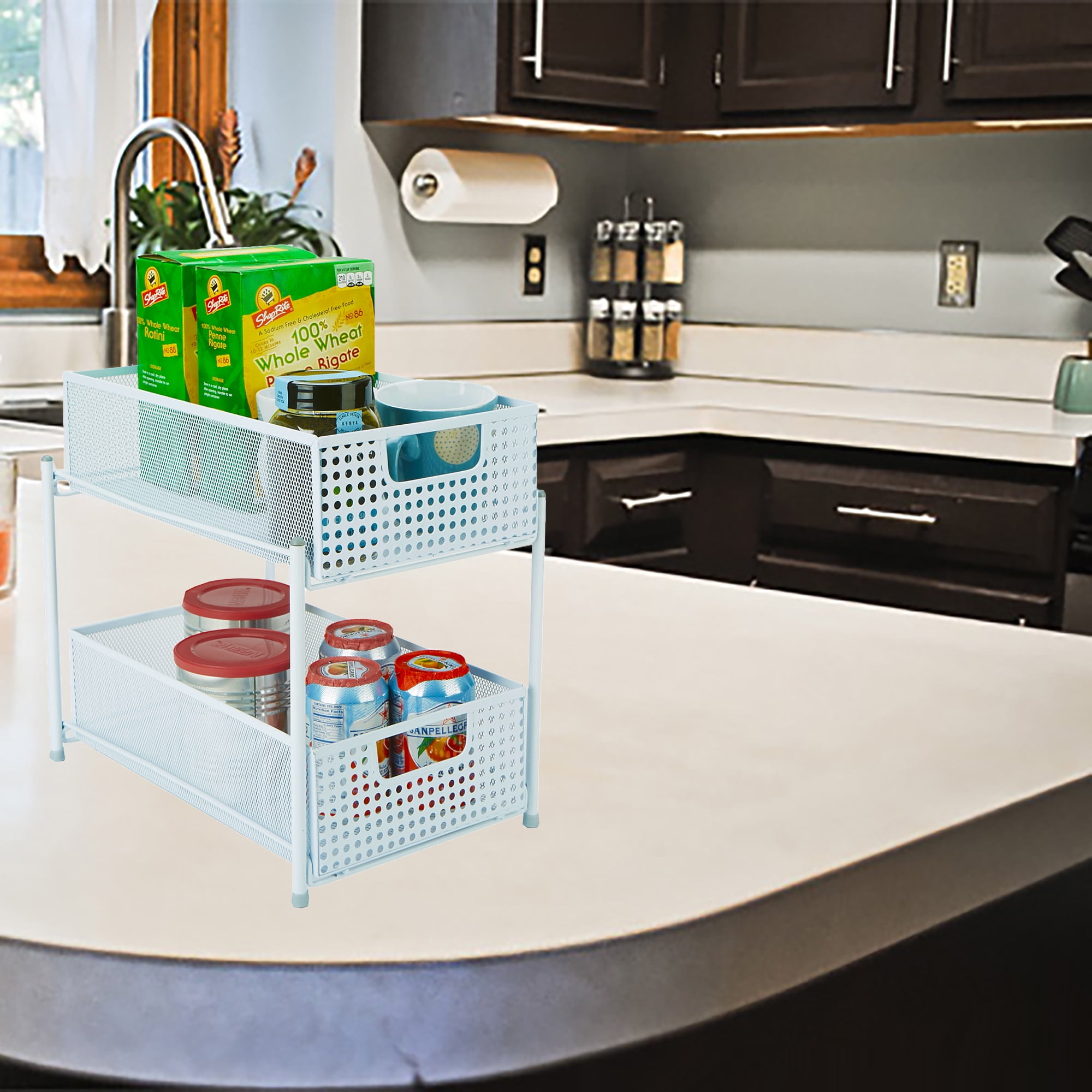 Mind Reader 2-Tier Metal Mesh Heavy Duty Organizer Slide Out Basket Drawer For Kitchen, Bathroom, Office Desk, White