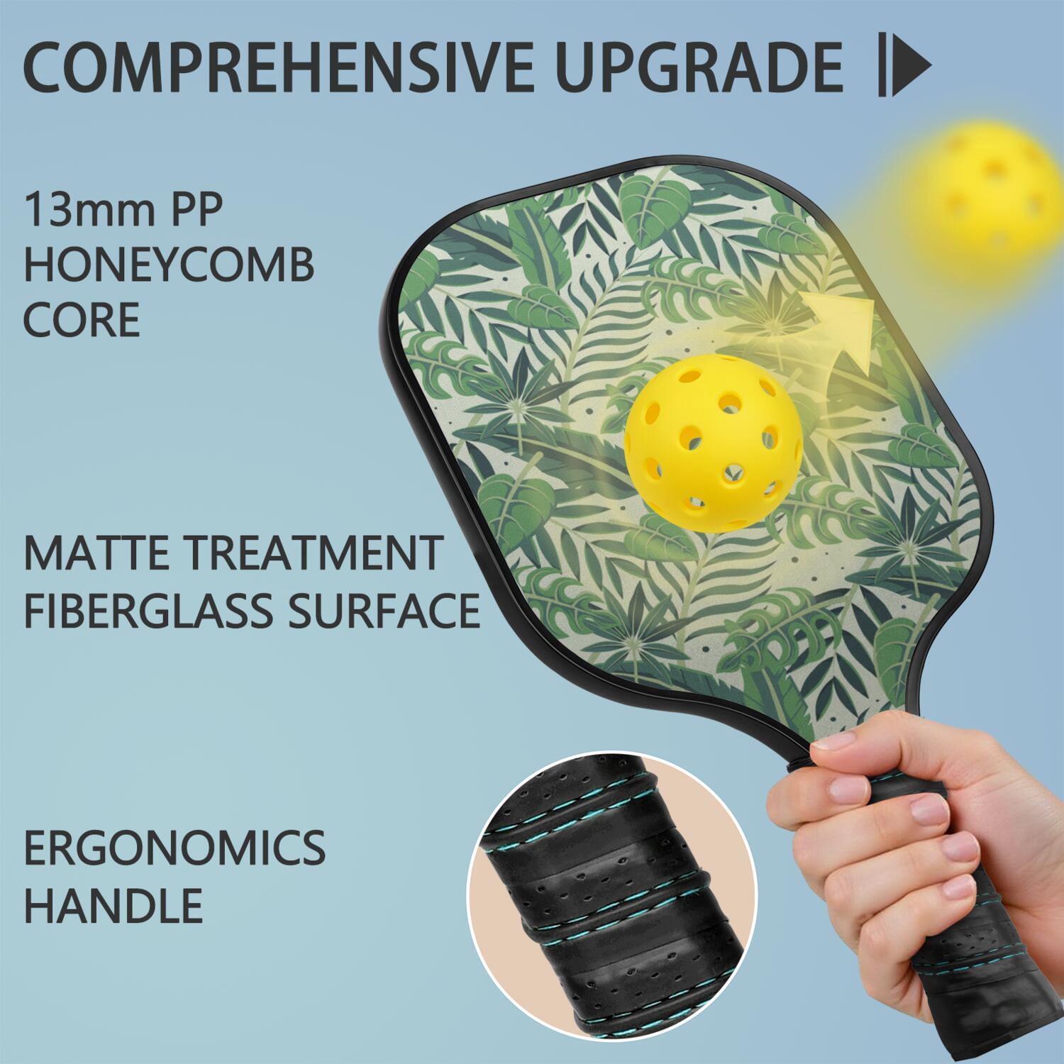 Pickleball Paddles Set Of 1, Fiberglass Surface, Tropical Leaf Print, 1 Paddle, 2 Balls & Bag