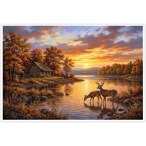 Deer Wildlife Canvas Wall Art Autumn Sunset Lake Cabin Landscape Painting Rustic Nature Scenery for Living Room Bedroom Home Office Decor Giclee Print