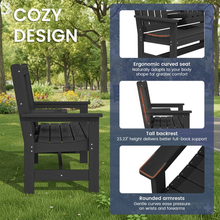 SERWALL Outdoor Bench with Cup Holder, 58", HDPE, Black photo 3