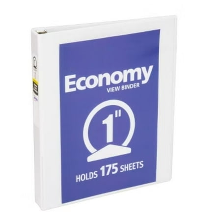 1" Round Ring Binder 175 Sheet Capacity Economy View Binder - White: Professional 3 Ring, Hard Cover, 1in