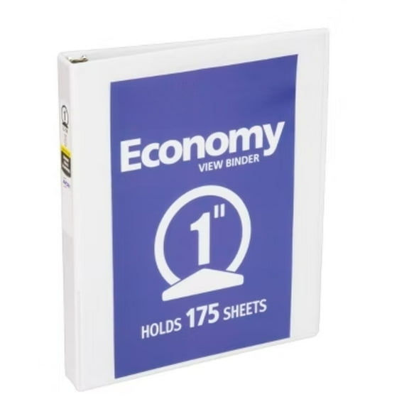 1" Round Ring Binder 175 Sheet Capacity Economy View Binder - White: Professional 3 Ring, Hard Cover, 1in