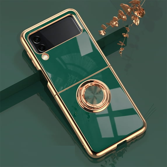 Allytech for Samsung Galaxy Z Flip 4 5G Case with Ring Holder, Edge Plating Rotation Kickstand Soft Silicone Slim Shockproof Protective Cover for Galaxy Z Flip 4 2022, Darkgreen