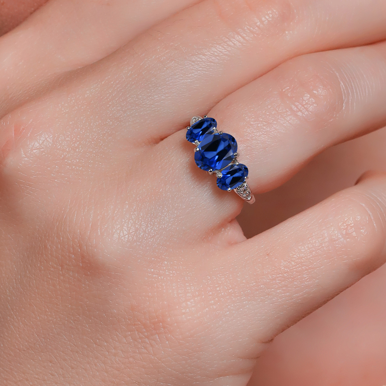 Gem Stone King 10K White Gold Blue Created Sapphire and White Lab Grown Diamond 3 Stone Engagement Ring for Women (2.84 Cttw, Gemstone Birthstone, Available in Size 5, 6, 7, 8, 9)