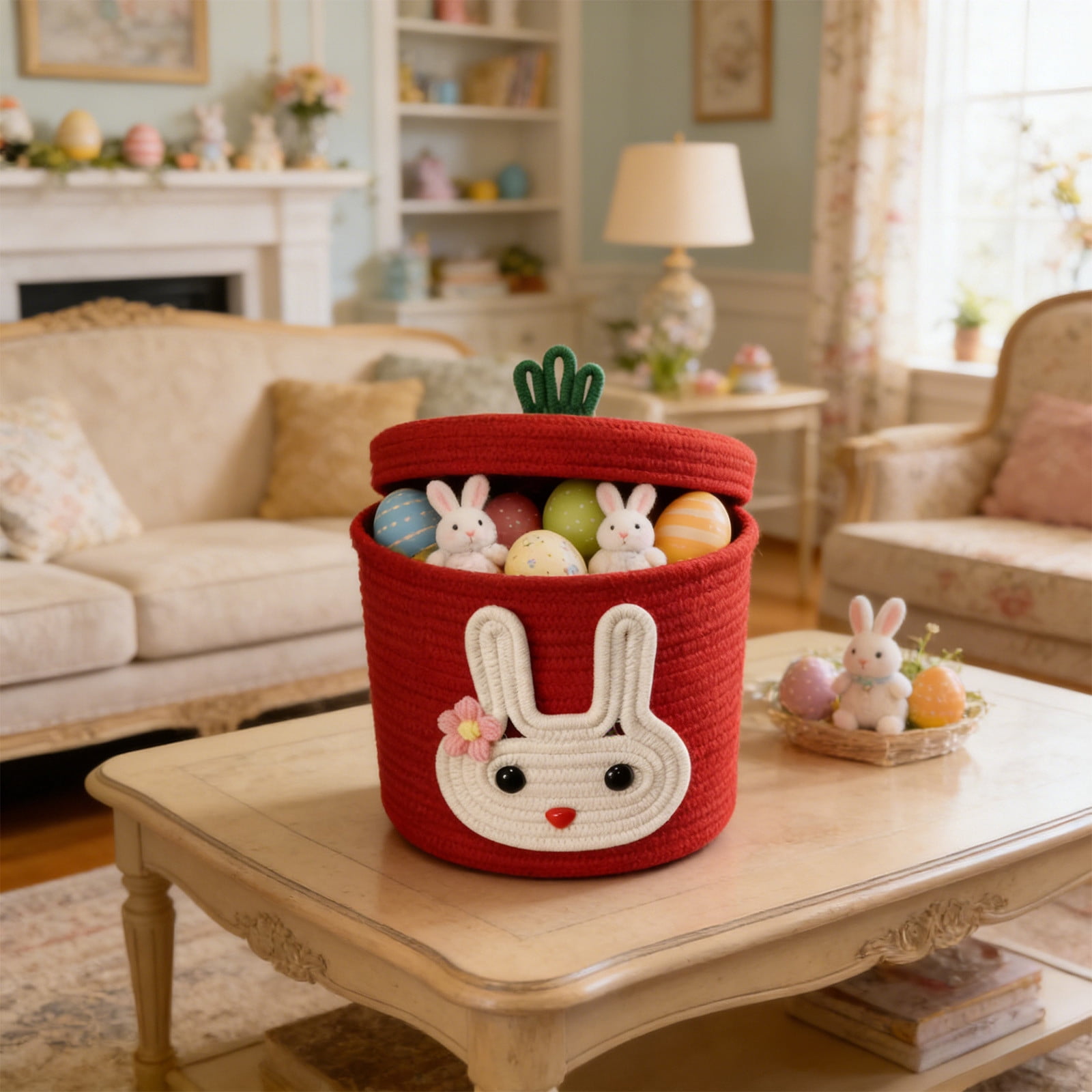 Tyidzon Easter Basket Rabbit Storage Basket with Protective Lid Handwoven Cotton Rope Style Easter Theme Storage Bin with 3D Bunny Ears for Candy Eggs Toys Home Organization