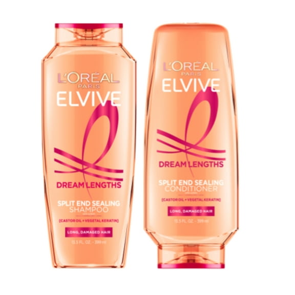 L'Oreal Paris Elvive Dream Lengths Restoring Shampoo and Detangler Conditioner Set with Castor Oil, 13.5 fl oz