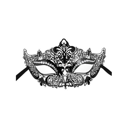 Laser Cut Metal Venetian Pretty Party Masquerade Mask, Black Clear Diamond