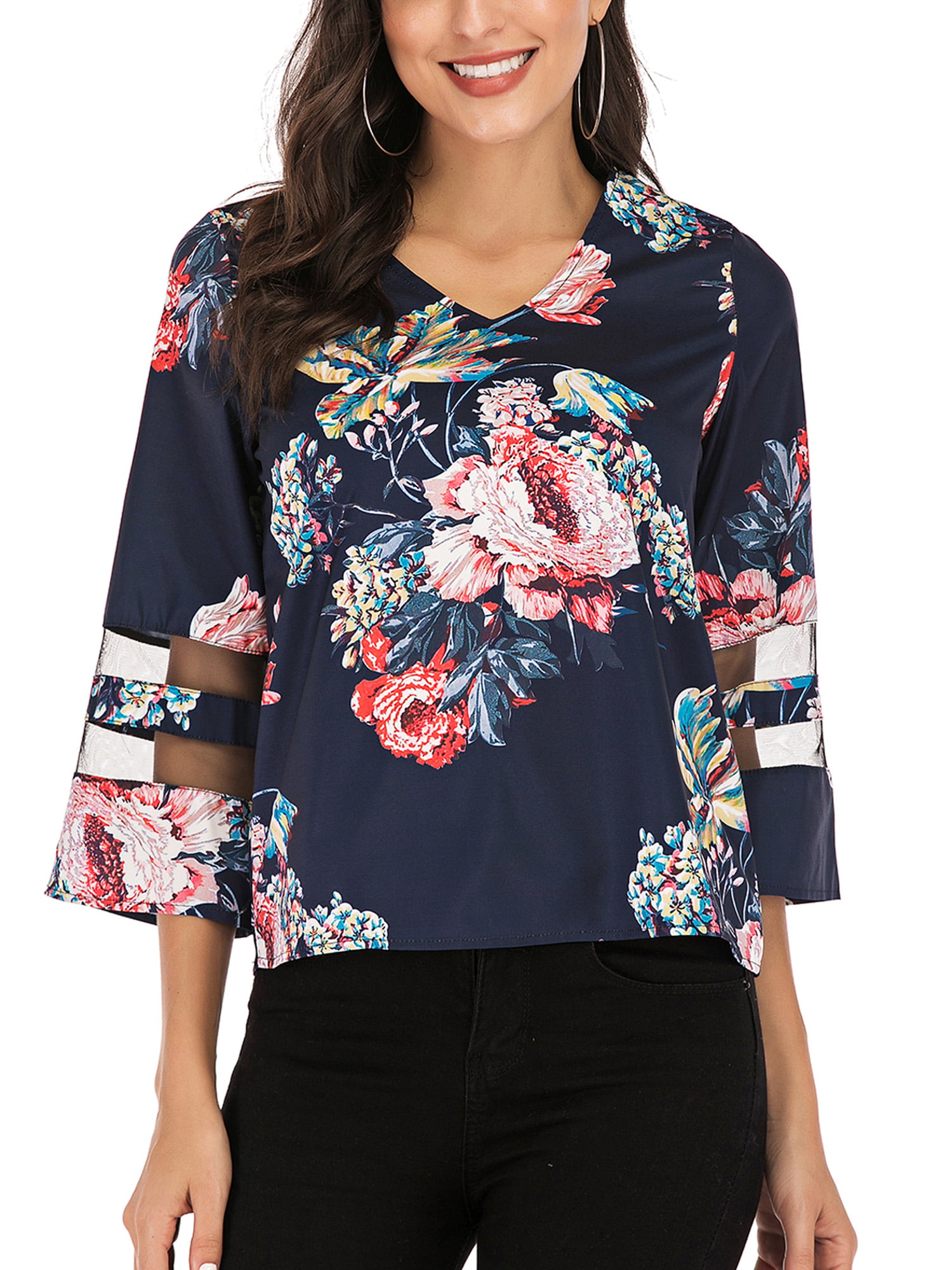 Abollria Womens V Neck Blouse Floral Print 3/4 Sleeve Loose Casual Top Shirt 