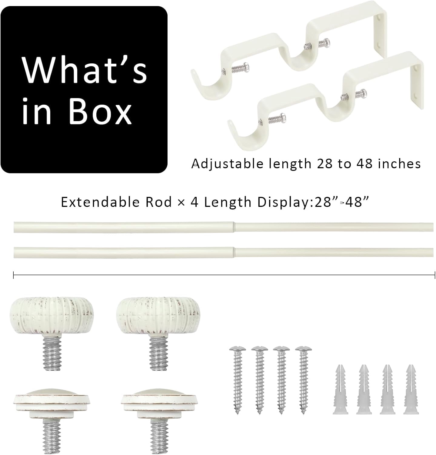 eTeckram 5/8" Double Curtain Rod with Adette Finials,Weathered White,28‘’-48‘’