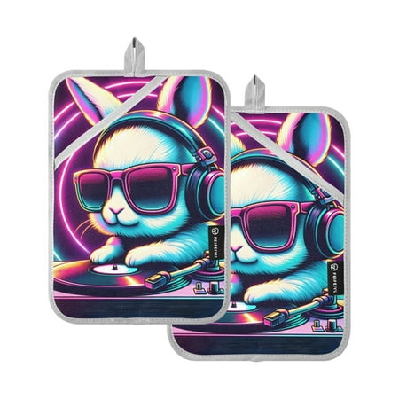 

Dj Rabbit with Neon Sunglasses Oven Mitts 2 Pcs Pot Holders Sets Heat Resistant for Kitchen Cooking Baking 7 x9.8