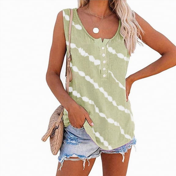 Kaprioy Womens Summer Tops Women's Summer Boho Tie Dye Sleeveless Tank Tops Button Blouse Loose Casual Striped Vest T-shirt Plus Size