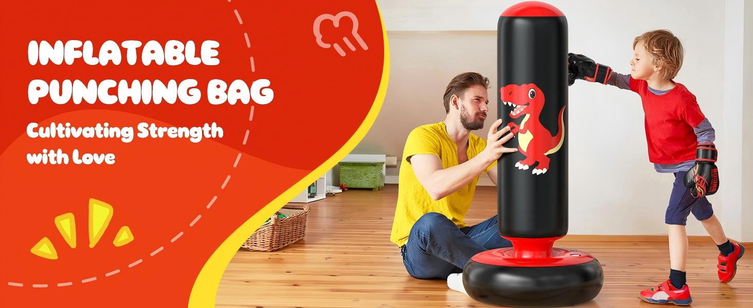 48" Inflatable Punching Bag for Kids, Lava Red Dinosaur with Black Pillar, Dinosaur Bop Bag for Boys & Girls Ages 3-8