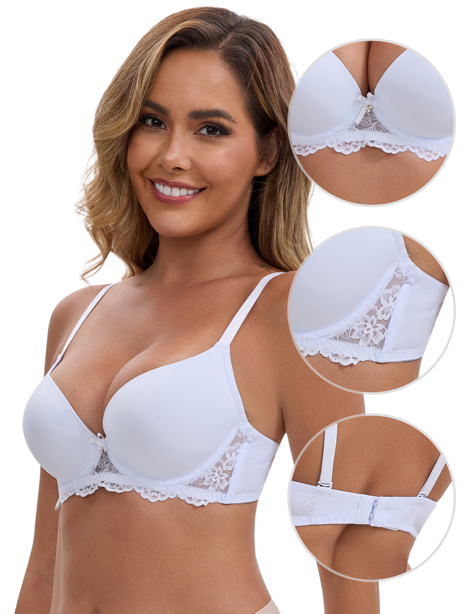 DARING DIVA Lace Plunge Push Up Underwired Bra Adjustable Straps 36C White