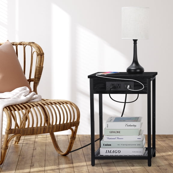 Black End Table with Charging Station, 2‑Tier Side Table with Mesh Shelf & USB Ports for Living Room, Bedroom