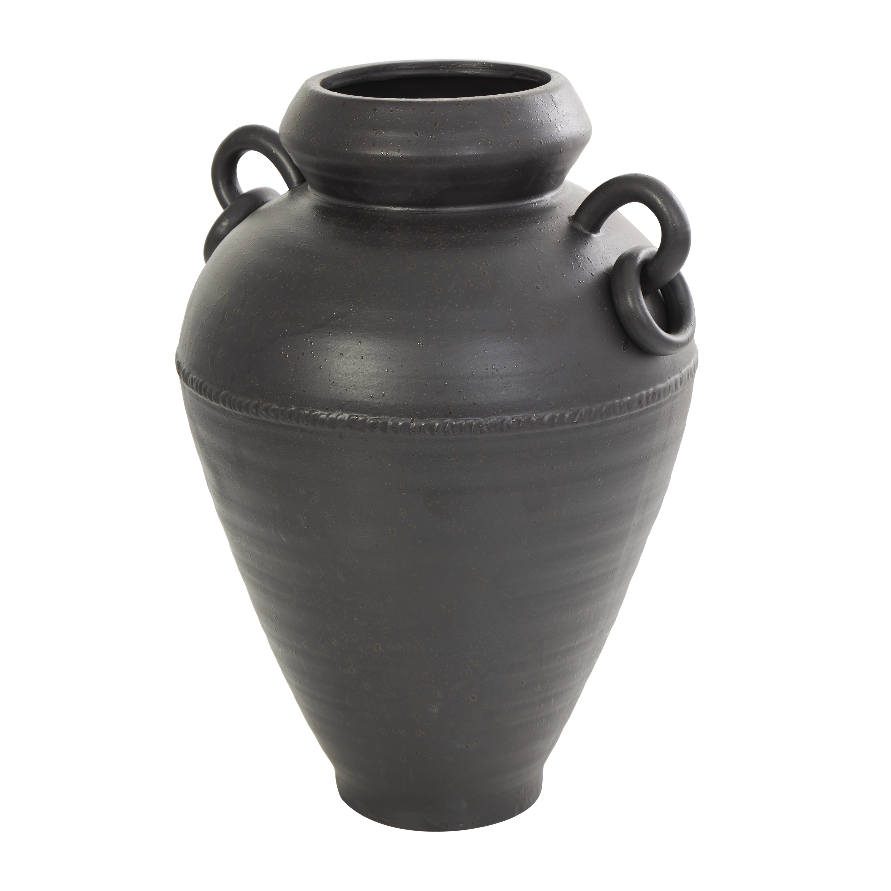 DecMode 15" Amphora Black Ceramic Vase with Speckled Texture and Ring Handles
