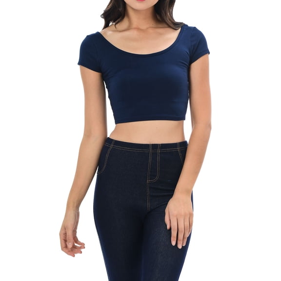 Womens Trendy Solid Color Basic Scooped Neck and Back Crop Top Navy Blue Small