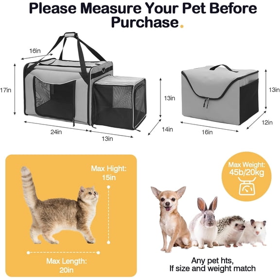 Extra Large Cat Carrier for Car Travel, Expandable Cat Carrier with Litter Box, 24"x17"x16" Soft-Sided Pet Carrier for Road Trip, Pet Carriers for 1 Large / 2 Medium Cats Under 45lbs(Grey)