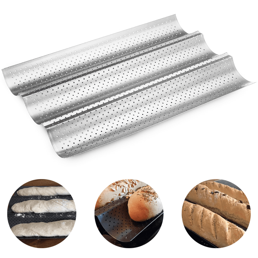 15 x 9 3 Slot French Bread Baking Pan Nonstick Aluminized Steel Perforated Baguette Pan Wave Loaves Loaf Bake Mold Toast Cooking Bakers Molding 