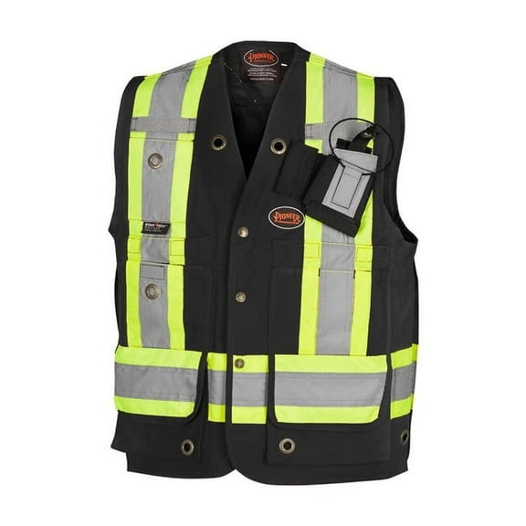 Pioneer 100% Cotton Hi Vis Surveyor's Safety Vest for Construction - Reflective Tape - 10 Pockets - Class 1 - Black