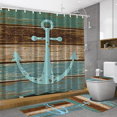 Mrosaa Waterproof Non Slip Blue Ship Anchor Print Bath Sets Bathroom Decoration & Mildew-proof Shower Curtain & Bathroom Pedestal Rug & Toilet Lid Cover & Floor Mat Bath