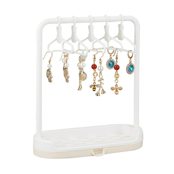 1set 1 set Small Clothes Rack with 5 pcs Mini Hangers Tiny White Plastic Jewerly Display Rack for Earrings Garment Rack Dress Up Rack for Dollhouse Decor Miniature House Garden 6.4x5.9 Inch