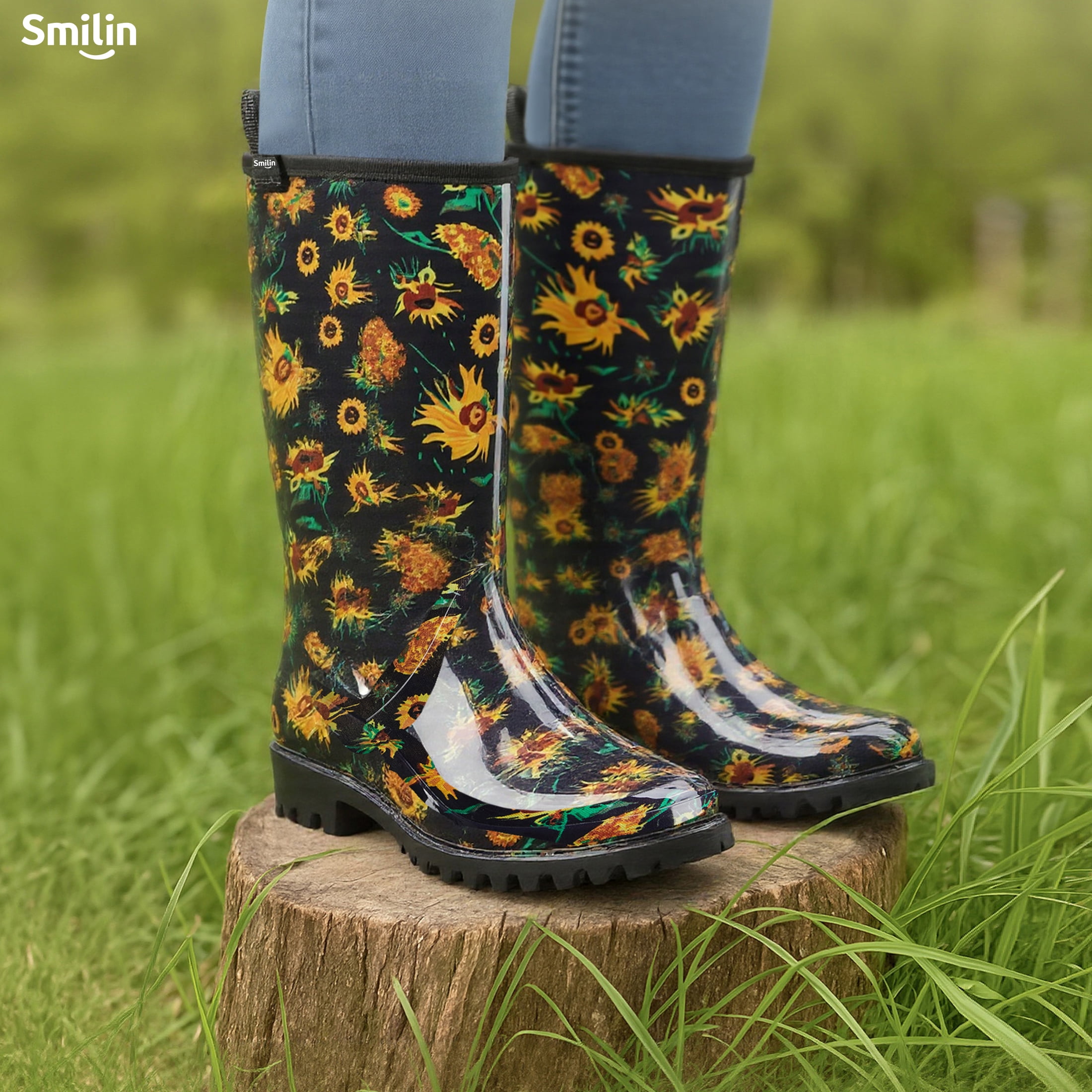SMILIN Women's Rain Boots, Waterproof Non-slip High Ankle Garden Boots，Black Sunflower, Size 6