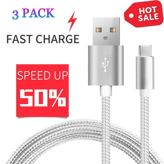3 Pack 10FT White Type C USB-C Charger Cable Cord Braided 3A Fast Charging for Samsung, LG, Moto