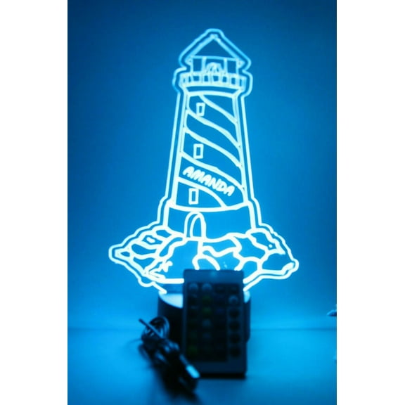 Lighthouse Nautical Light House Night Light Up LED Free Engraved Custom Name Personalized Strength Safety Hope Desk Table Lamp Room Home Decor, With Remote, 16 Color Options, It's WOW, Great Gift