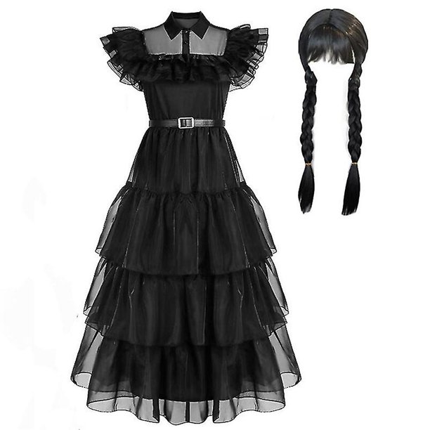 Conjunto de disfraz de fiesta de miércoles Addams para mujer, vestidos de malla góticos, vestido largo/pelucas para Carnaval de Halloween